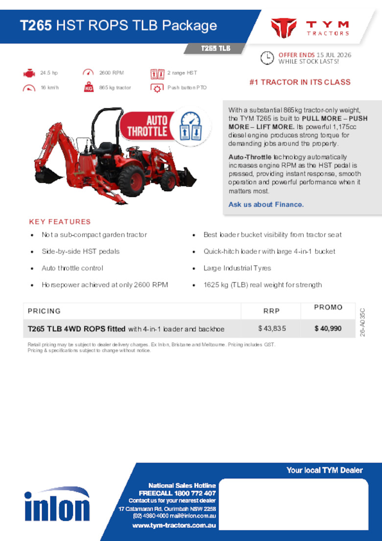 26-A035C TYM T265 HST ROPS TLB Promotion oe 15.07